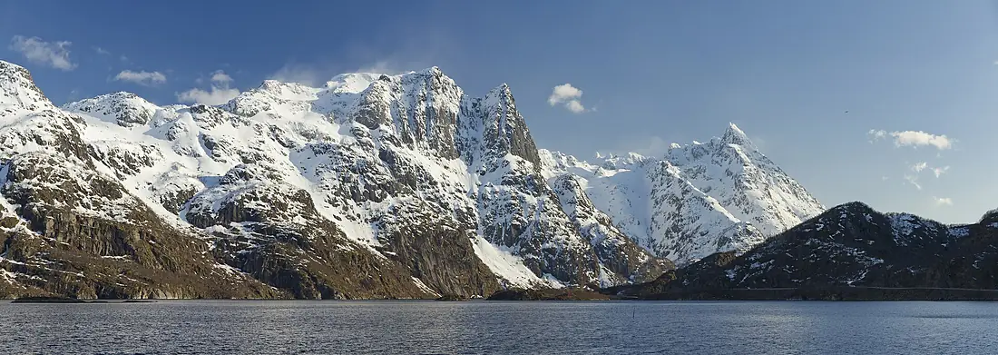 View to Sløverfjorden with Blåskavlheia and Higravstindan, Austvågøya, Lofoten, Norway, 2015 April