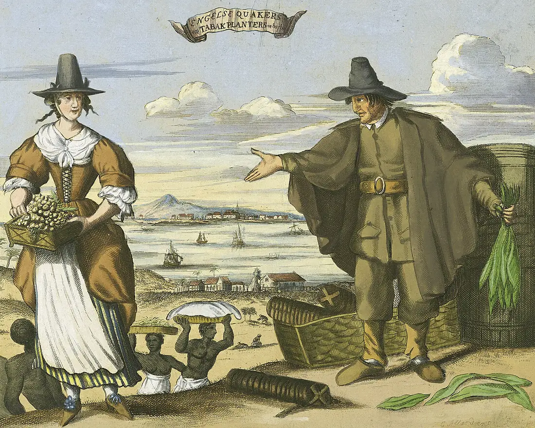 English Quakers Tobacco Planters and Slaves, Barbados, 17th cent. (colorized)