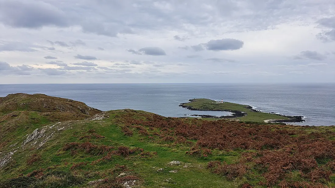 Bardsey Island lighthouse from Mynydd Enlli