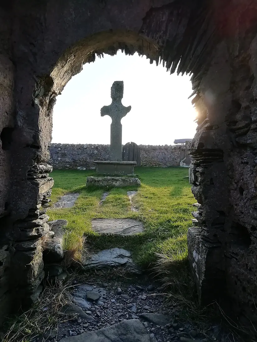 Cill Naoimh cross taken from inside the church, Kilnave, Islay