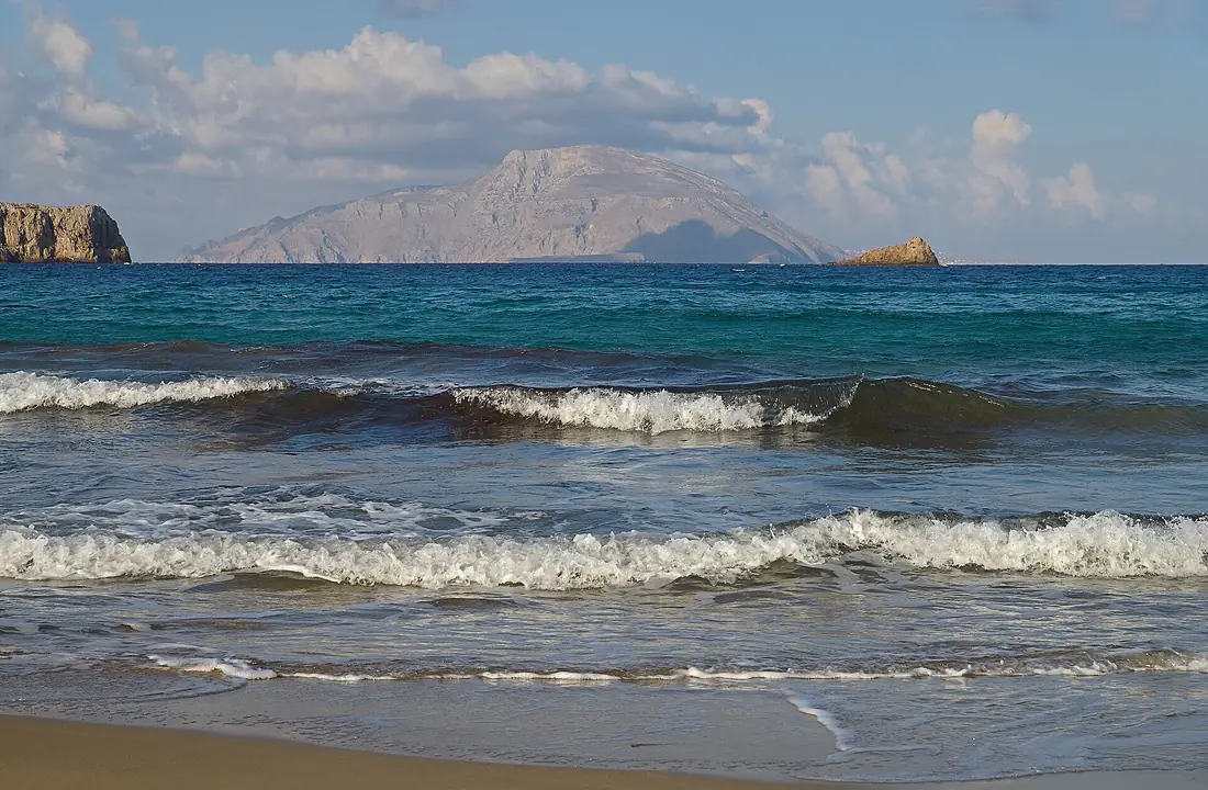 The island of Kassos in the morning. View from the Agios Nikolaos Beach. Karpathos, Greece
