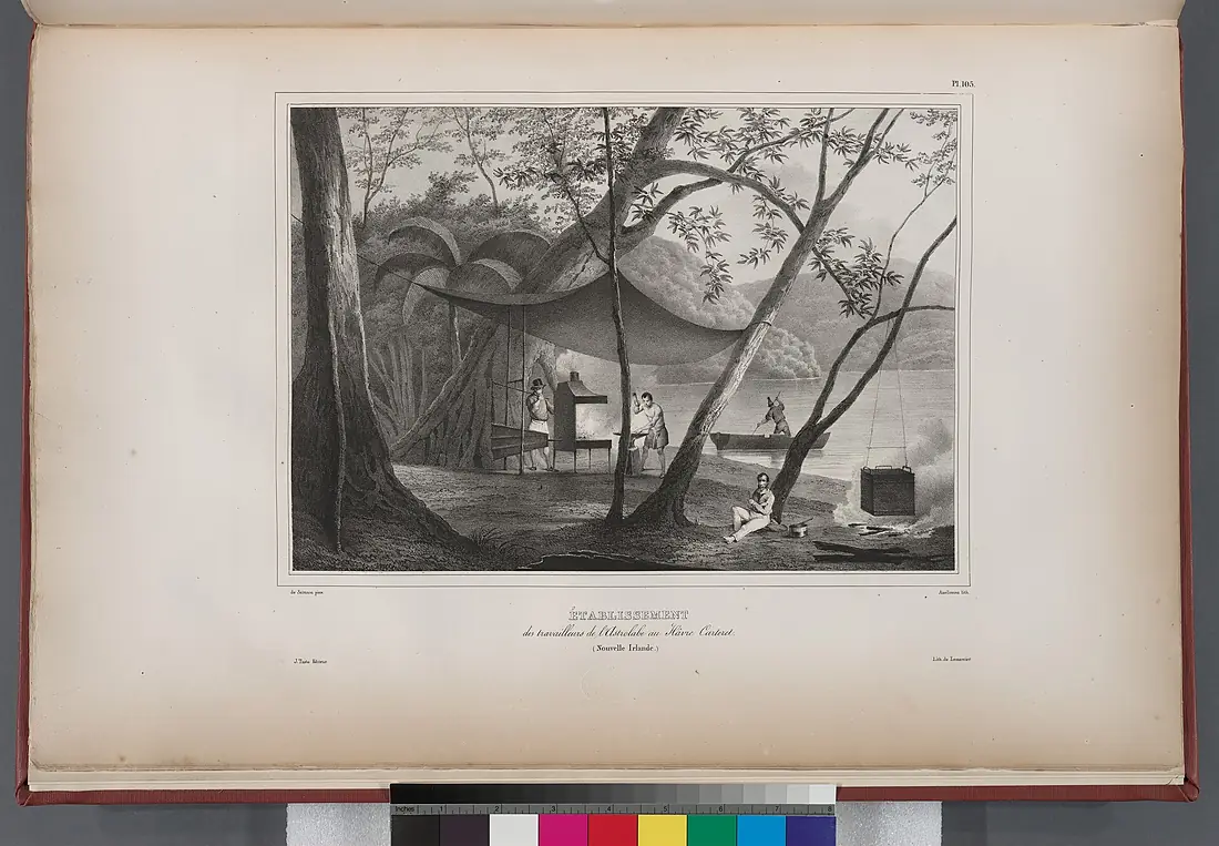 Établissement des travailleurs de l'Astrolabe au Hâvre Cartret. (Nouvelle Irlande.) (NYPL b13624459-1266874)