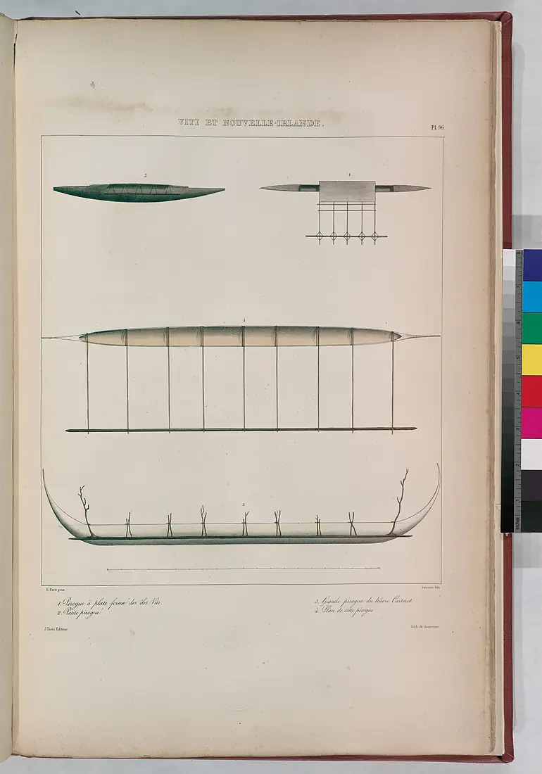 Viti et Nouvelle-Irlande. 1. Pirogue à plate forme des îles viti., 2. Petite pirogue., 3. Grande pirogue du hâvre carteret., 4. Plan de cette pirogue (NYPL b13624459-1266865)