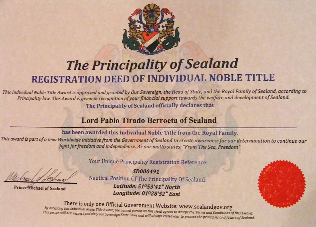 Principality of Sealand noble title award