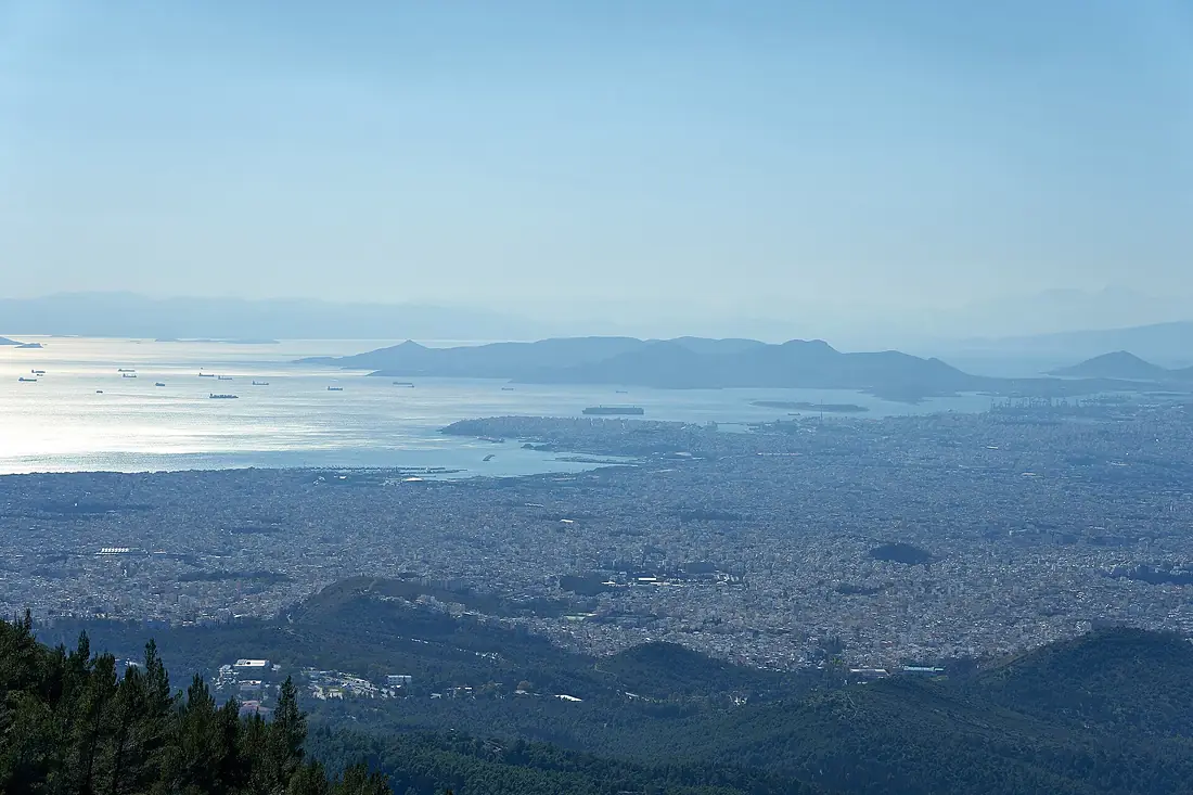 View of Attica, the Saronic Gulf and the island of Salamis from Mount Hymettus on March 17, 2020