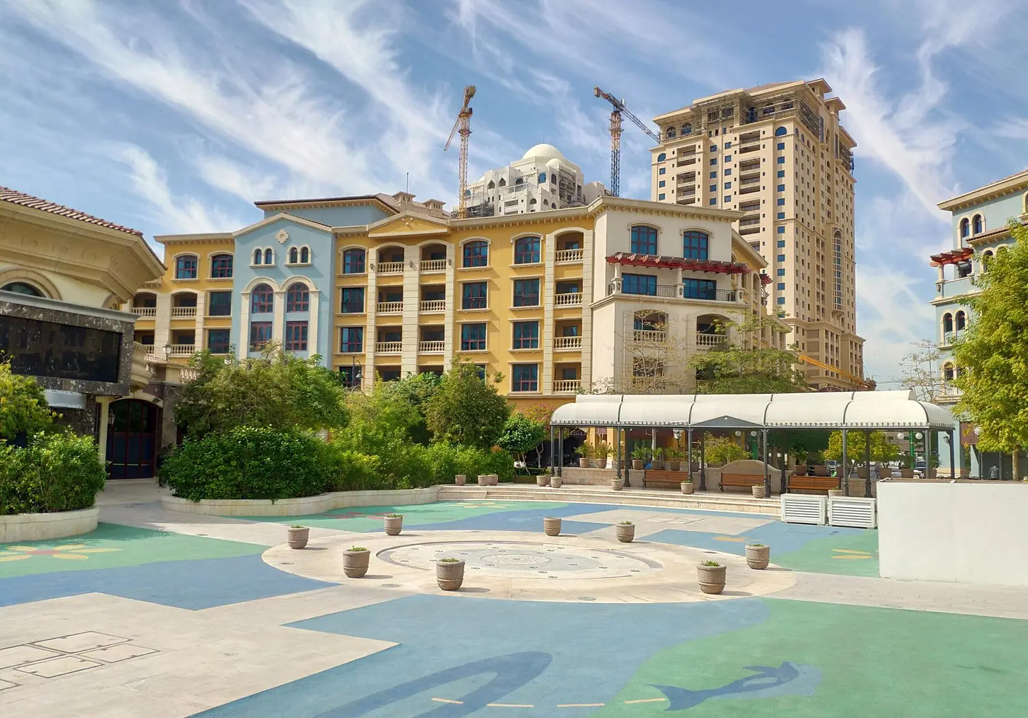 Plaza with benches at The Pearl Qatar
