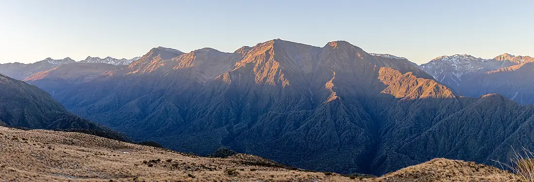 Browning Range during winter sunrise, Lake Kaniere Scenic Reserve, West Coast, New Zealand